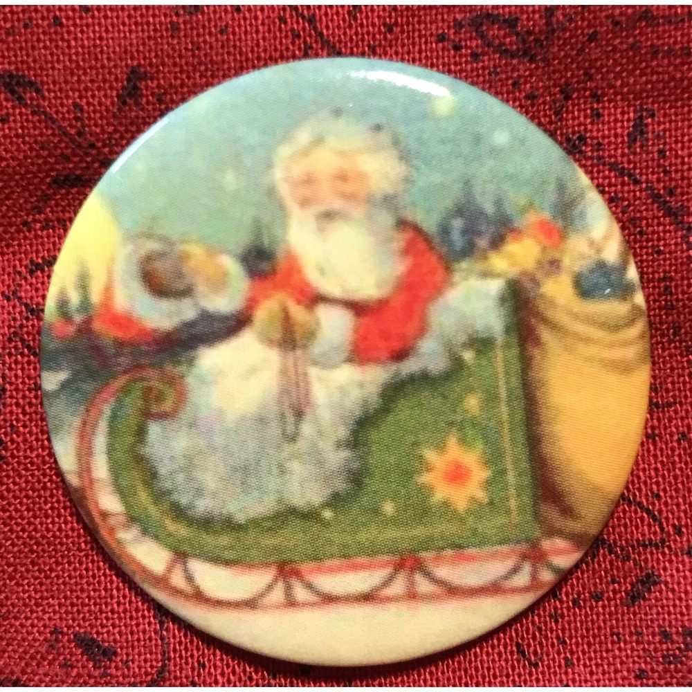 Vintage Pinback Collectible Button Santa in Sleigh Retro Christmas 1.25"